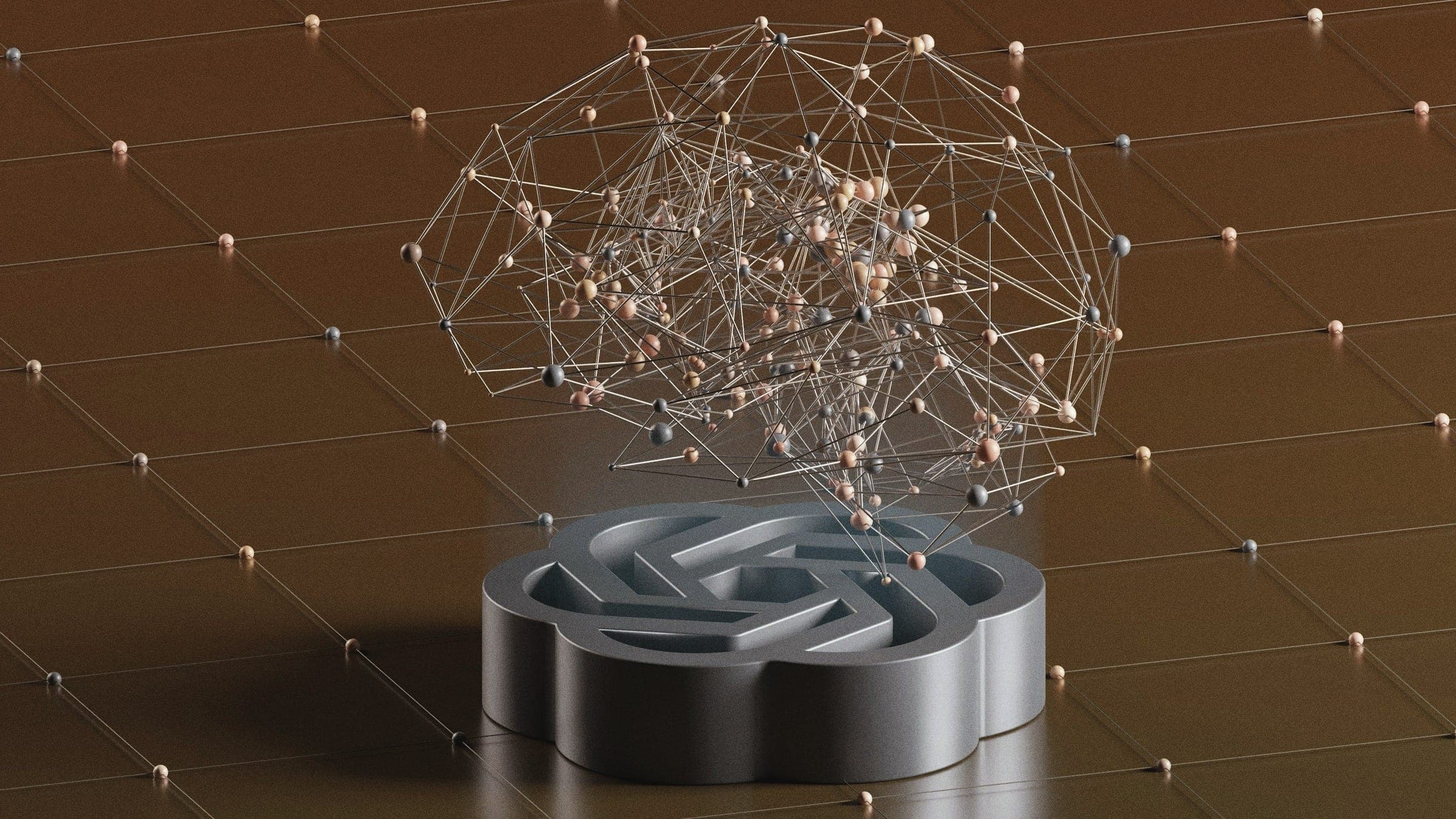 A wireframe AI brain glowing above a grid
